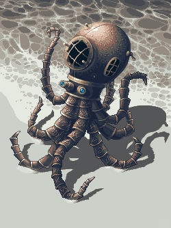 invention mech octopus squid steampunk dieselpunk Pixel scenes and pixelart background animations